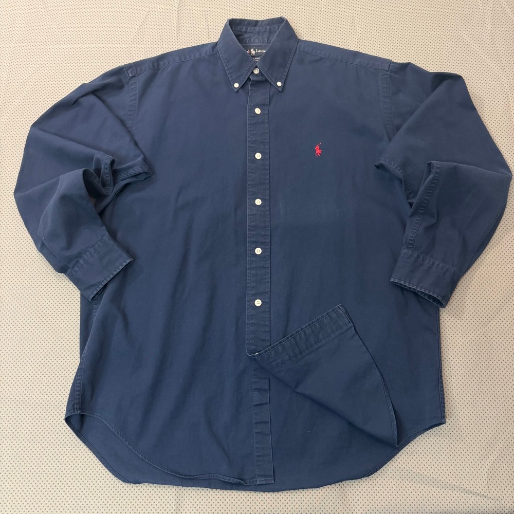Ralph Lauren Button Down Men S Navy Blue Blaire Twill Vintage USA Made Red Pony